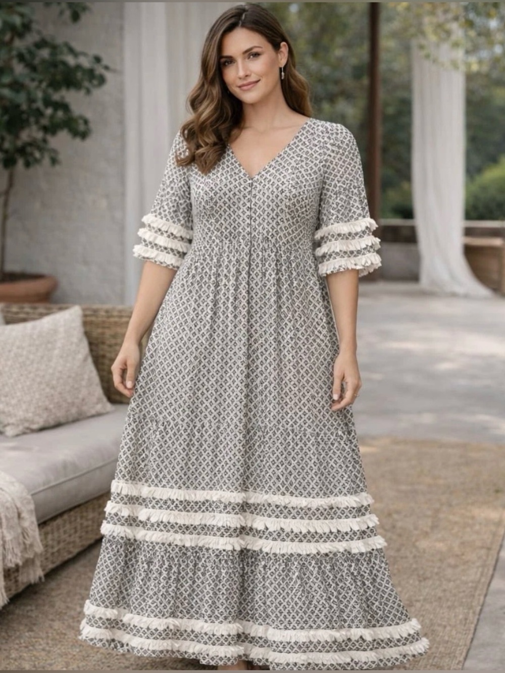 Piper & Scoot Sz 3XL Boho Fringe Trim Tiered Ivory Floral Soho Maxi Dress